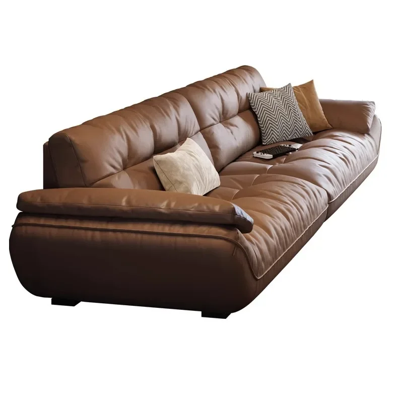 

Minimalist Italian leather sofa first layer cowhide simple modern sailing light luxury straight row down cloud sofa living room