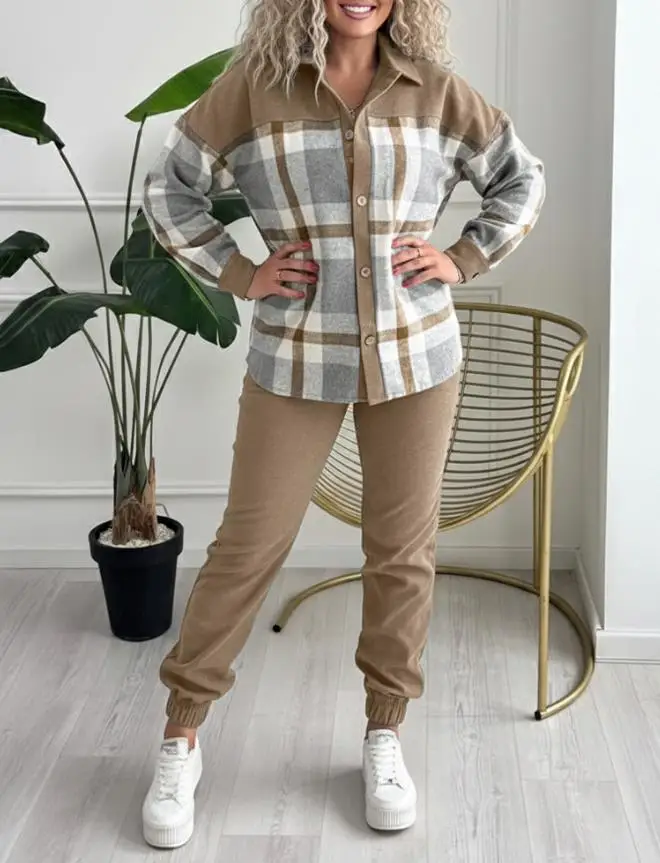 

Two Piece Set Women Outfit 2025 Spring Autumn Plaid Patchwork Turn-Down Collar Long Sleeve Shirt & High Waist Cuffed Pants Set