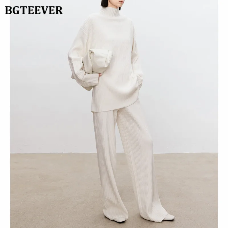 BGTEEVER Autumn Winter Knitted Trousers Set Women Long Sleeve Half Collar Pullovers Female Wide Leg Pants Women Sweater Outfits