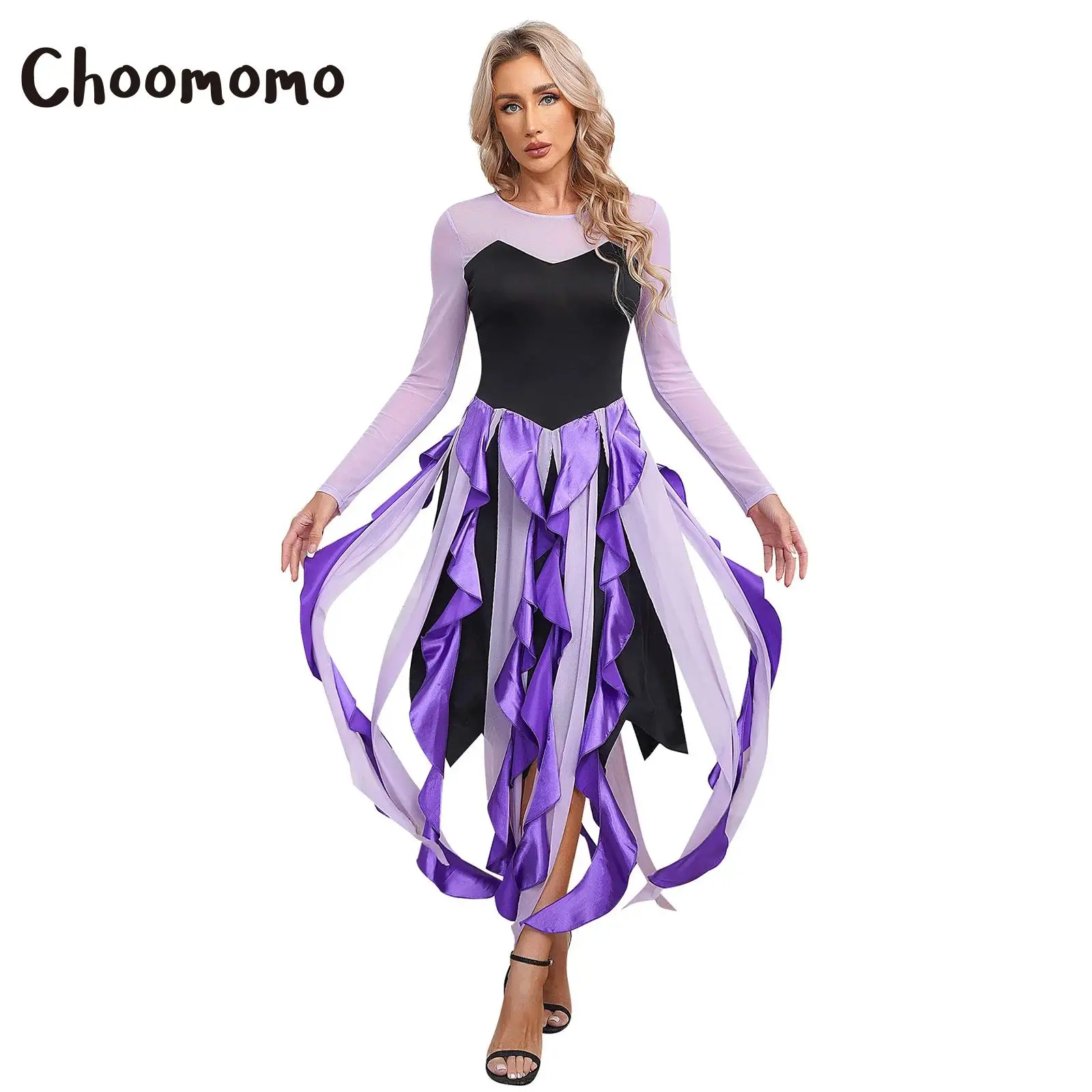 Womens Octopus Costume Black Purple Squid Sea Witch Long Tentacles Maxi Skirt Halloween Party Cartoon Cosplay Fancy Dress Up