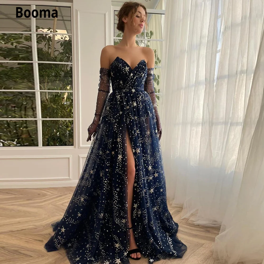 

Booma Glitter Navy Blue Starry Tulle Maxi Prom Dresses Sweetheart High Slit A-Line Evening Party Dresses 2023 Formal Prom Gowns