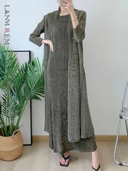 LANMREM Pleated 2 Pieces Sets Solid Color Fashion Long Sleeves Coat Round Neck Sleeveless Dress 2024 Autumn New Clothing 2AA1750