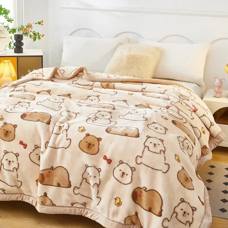Luxury Thickened Raschel Blanket for Bed Sofa Double Layer Thick Warm Autumn Winter Comforter Cute Capybara Soft Plush Blanket
