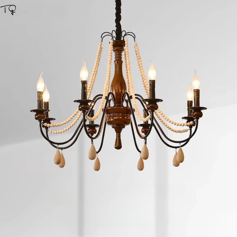 American Retro Luxury Chandelier LED E14 French Country Pearl Candle Medieval Hanging Lamp Staircase Living/dining Room Bedroom