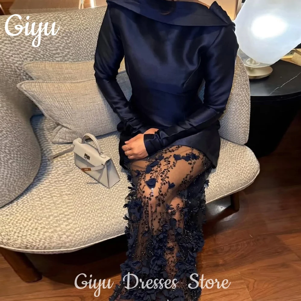 

Giyu Elegant Dark Blue Party Gown Pearl Embroidery Lace Long Sleeve Satin Saudi Arabic Prom Dresses Customized Evening Gown 2025