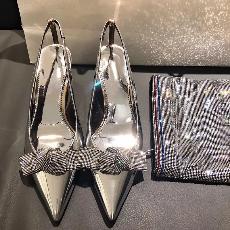 High Heels Silver Rhinestone Pointed Toe Women\'s Pumps Shoes Back Strap 6cm  Heels Women\'s Rhinestone Bow Baotou Heels Women