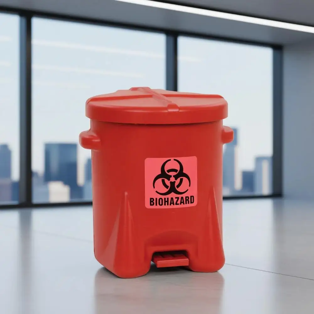 

6 Gallon Self-Closing Biohazard Waste Bin, 16.5 x 13.5 x 16, High-Density Polyethylene, Made in USA, Red