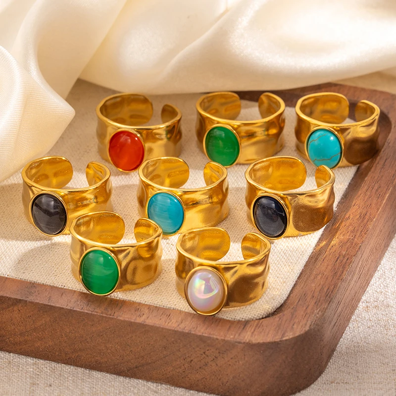 ENSHIR 316L Stainless Steel Colorful Stone Wide Face Wrinkle Open Ring for Women Men Elegant Noble Cool Jewelry Gifts Wholesale