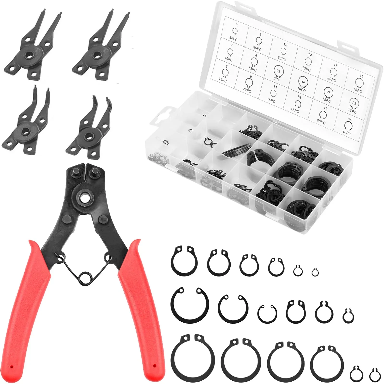 4 Pieces Circlip Pliers with 300Pcs Steel Retaining Clip Snap C Type Internal Circlip Pliers Set Snap Ring Head Retaining Tools