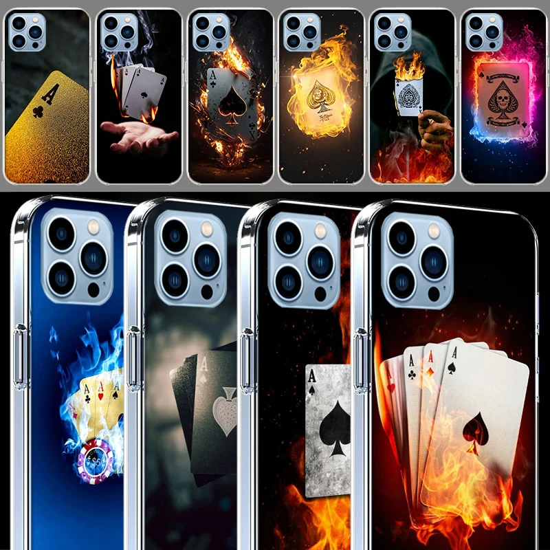 Ace Burning Poker Clear For Apple iPhone 16 15 Pro Max Cover 14 Plus 13 12 Mini 11 Pro XR XS Max Phone Case Silicone TPU Cute Fu