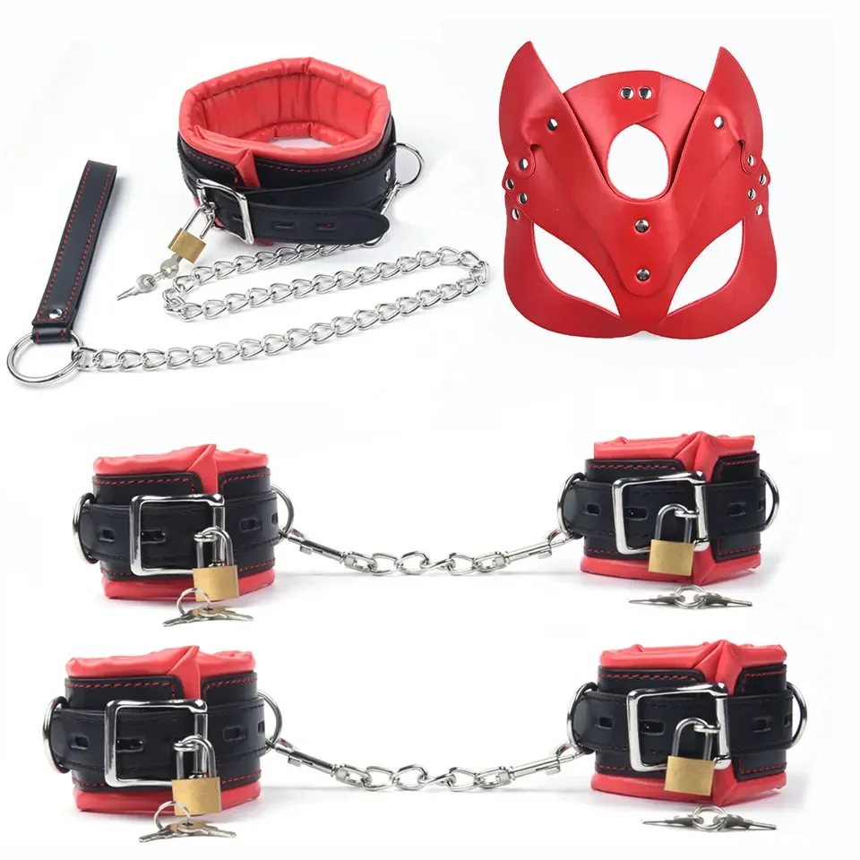 4Pcs Bondage Set Leather Sponge Handcuffs For Sex Anklecuffs +Handcuffs+Collar+ mask+5 Lock Restraints Sex Toys for Adult Games