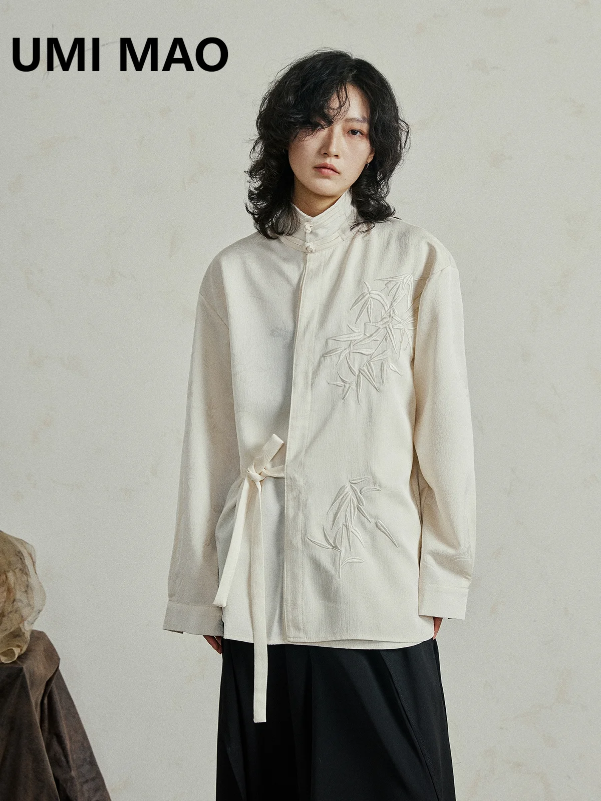 UMI MAO Niche Design New Chinese Style Button Up Bamboo Leaf Embroidery Tie Up Long Sleeved Shirt With Designer Shirt Top