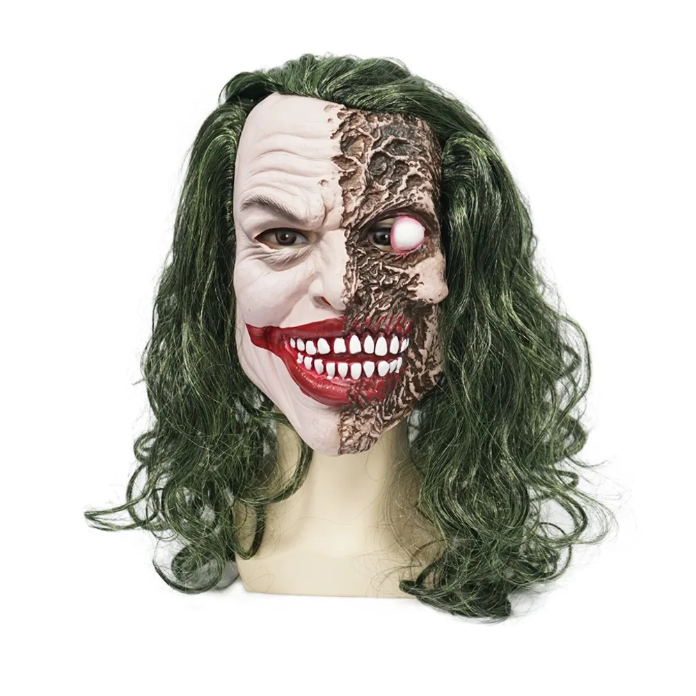 

Latex mask costume, role-playing clown mask, green hair, Halloween adult costume, costume for garden and courtyard party props