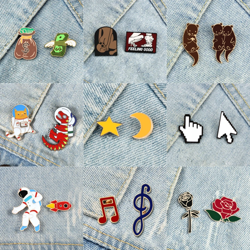 2pcs Animal Dinosaur Brooch Star Moon Sexy Adult Game Enamel Pins Note Sea Otters Astronaut Rocket Badge Bag Lapel Jewelry Gifts