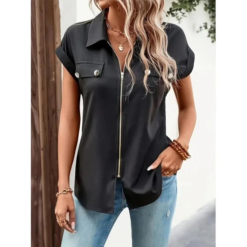 

Plus Size Fashionable Women's Zipper Button Lapel Casual Commuting Shirt