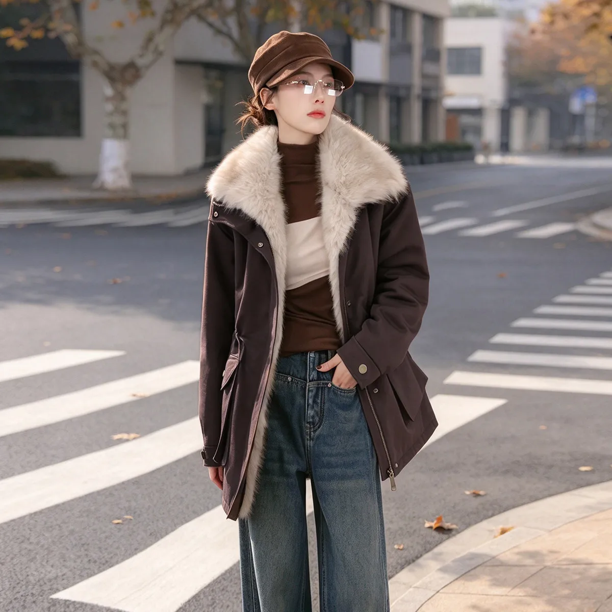 LOUIS YAO Workwear style Women's Jacket 2025 Autumn/Winter Jacket Plush Design lapel collar Mid-Length Fleece-Lined Thick Coat