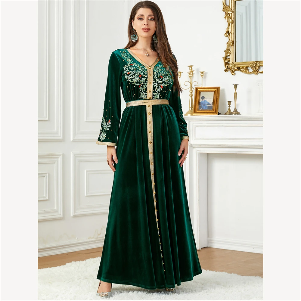 Elvet Embroidered Abaya for Women Beaded Belted Islamic Dress Muslim Dubai Caftan Moroccan Kaftan Ramadan Eid Jalabiya Djellaba