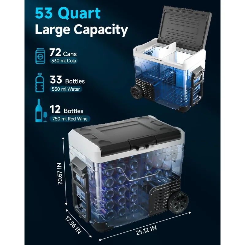 ثلاجة سيارة محمولة 12 فولت - مبرد كهربائي 53 كوارت (50 لتر) مع تيار مستمر 12/24 فولت و110-240 فولت تيار متردد لشاحنة فان RV Camper SUV،