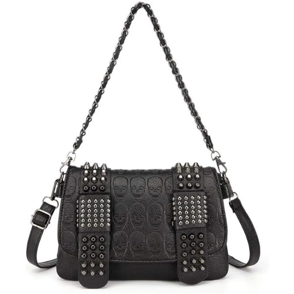 

Goth Rivet Shoulder Bag Punk Skull PU Leather Chain Satchel Tote Black Wallet Y2K Style Handbag Backpack bolsos