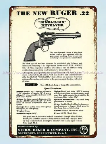 RUGER .22 revelver firearm Single-Six metal tin sign contemporary wall decor