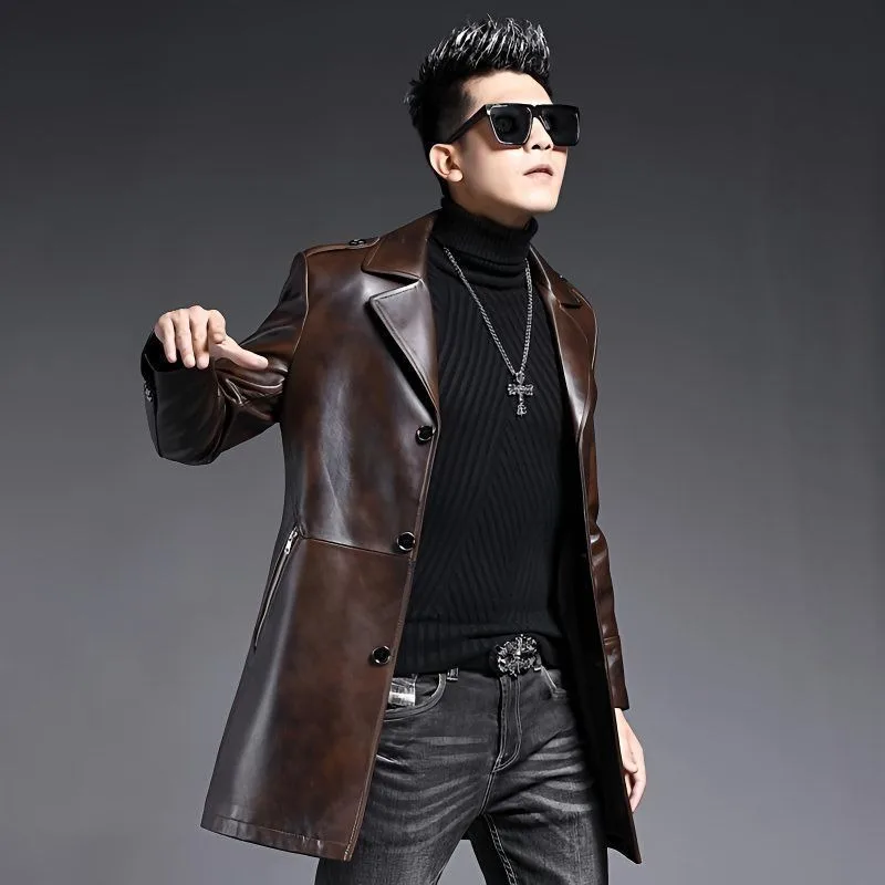 Men's Leather Jacket Slim Stylish Genuine Leather Trench Coat Men's Sheepskin Mid-length Suit Collar Young Autumn Light Jacket