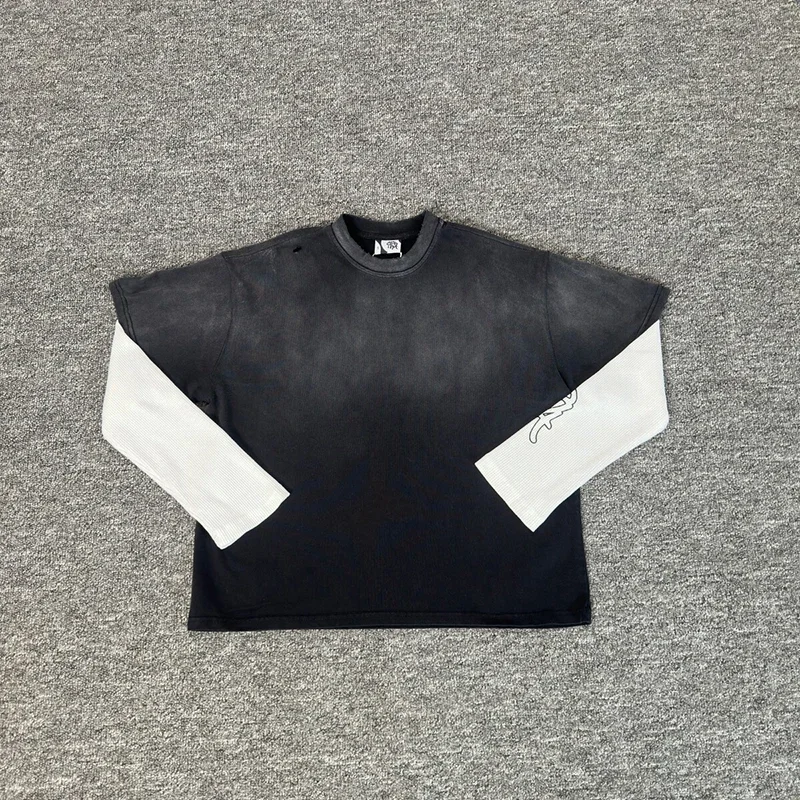 

Высокое качество Mertra, большие модные мужские и женские футболки из чистого хлопка с повседневными рукавами, свободные сращивания, ложные двухсекционные футболки с длинными рукавами