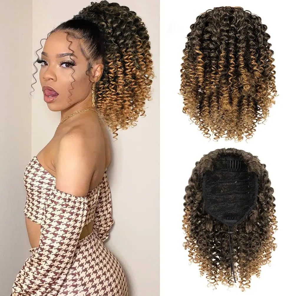 Synthetic Afro Puff Drawstring Ponytail Extension Hairpiece for Black Women Short Afro Curly Clip On Kinky Drawstring Bun (1B#)