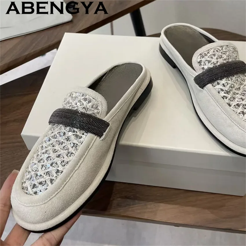 

ABENGYA Shiny Round Half Toe Flat Slippers for Woman Quality Casual Low Heels Mules Slippers Summer Fashion loafers Shoes Women