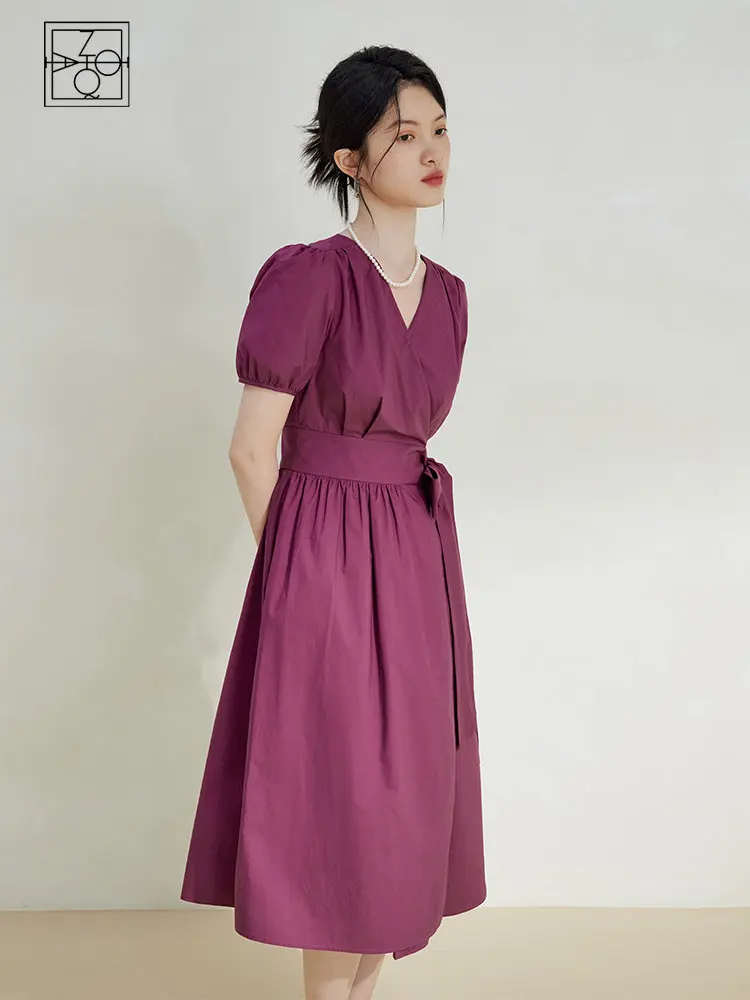 

ZIQIAO French V-neck One-Piece Strappy Dress For Women Summer Solid 100% Cotton Puff Sleeve Long Dress Female Purple Dresses