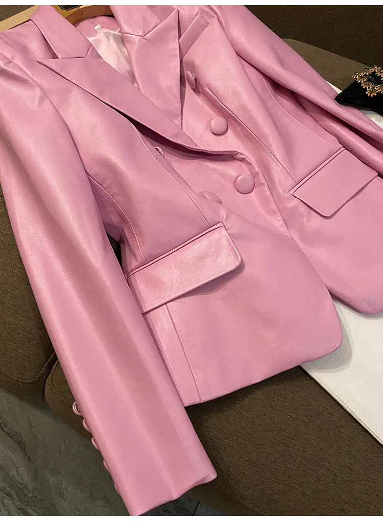 Lautaro Spring Stylish Short Pink Soft Pu Leather Blazer Long Sleeve Slim Fit Luxury Jackets for Women 2022 Elegant Fashion 5xl