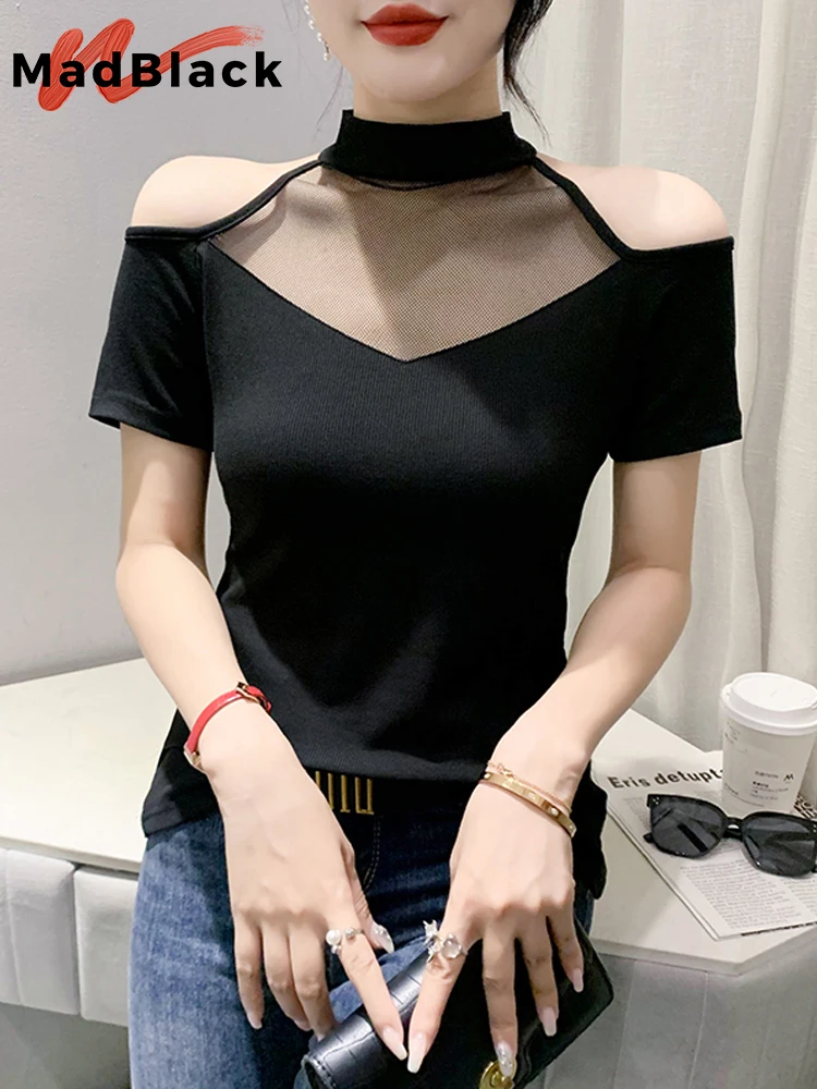 MadBlack Summer European Clothes Tshirt Women's Sexy Turtlenecks Patchwork Slim Mesh Tops Short Sleeve Tees New 2023 T34450C