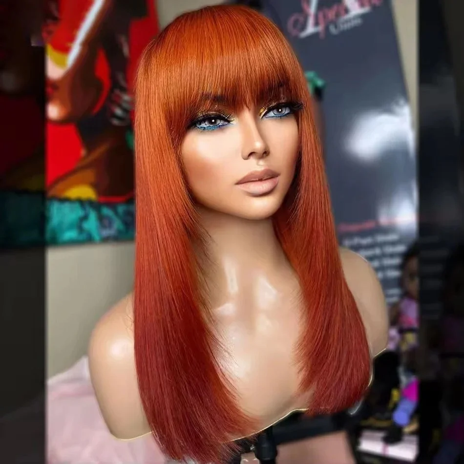 Soft Copper Wig Layered Lace Wig With Bangs Straight Ginger Orange Synthetic For Women 13x4 HD Pre Cut Daily Glueless Cosplay