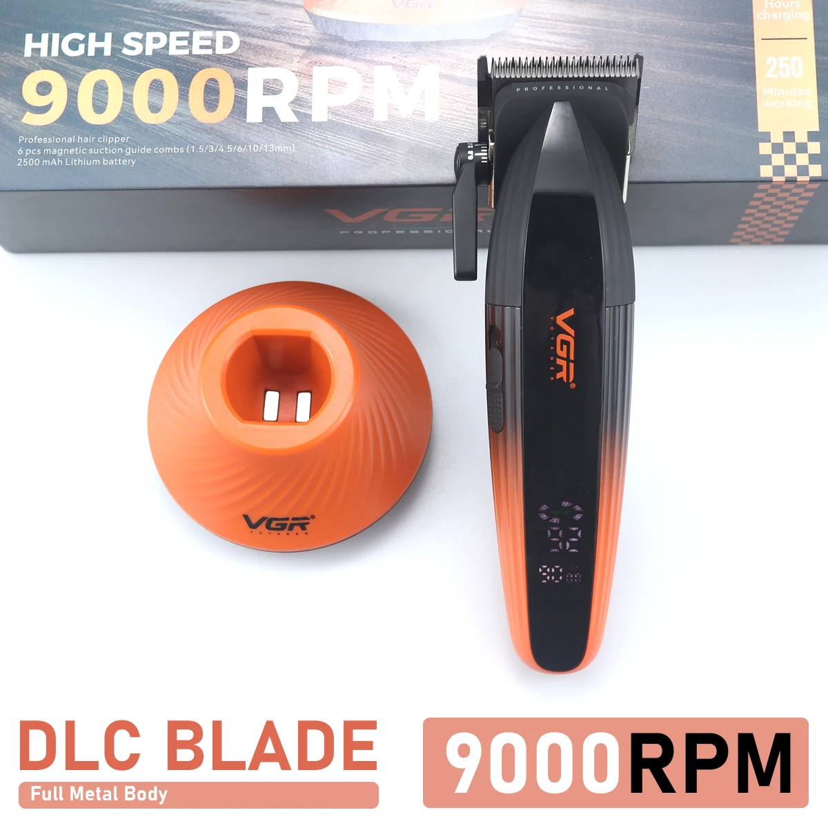 

VGR 889C Профессиональная машинка для стрижки волос для мужчин DLC Fade Blade 9000 об/мин Беспроводная с базовым зарядным устройством Полностью металлическая машина для стрижки волос с ЖК-дисплеем