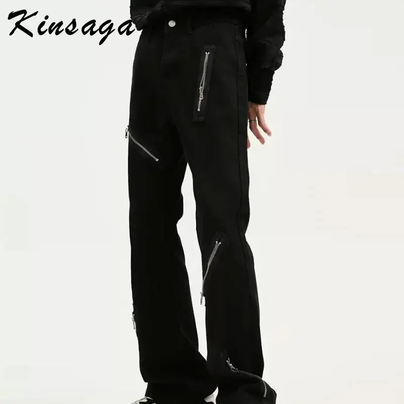 

Streetwear Men Regular Fit Black Jeans Streetwear Zipper Patchworked Boot Cut Y2K Male Vintage Retro Cargo Denim Pants