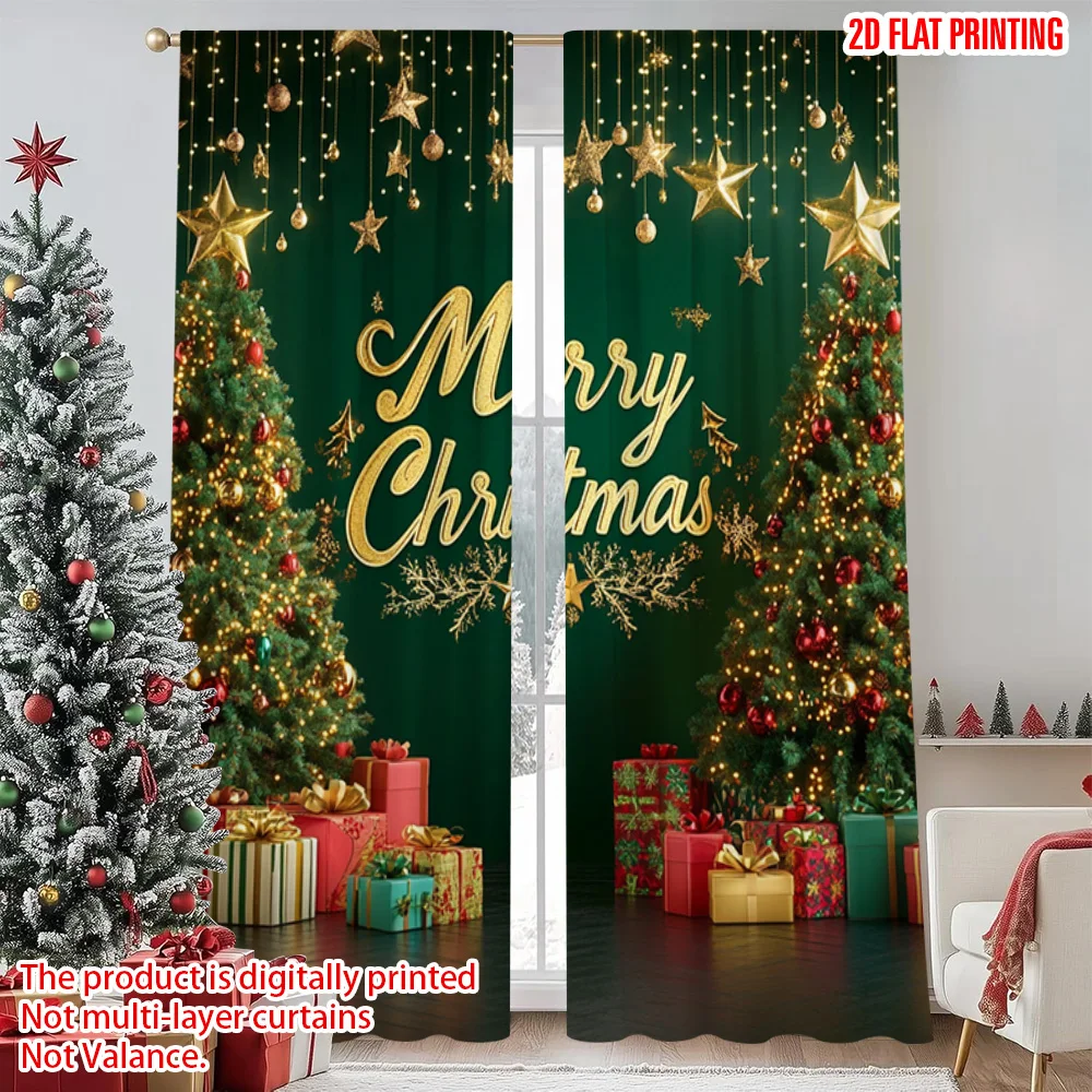 

2pcs 2D flat printing Merry Christmas Popular Window Drapes Christmas party1 Versatile Durable Polyester Without Electricity