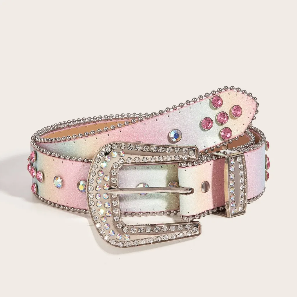 Pu Leather Belt Adjustable Rhinestone Buckle Belt Women'S Fashion Belt Decorative For Denim Shorts Daily Bottoms Daily Outings