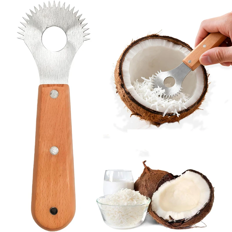 Coconut Hand Grater Coconut Meat Scraper Removal Knife Stainless Steel Serrated Blade Slicer with Wooden Handle Shredded