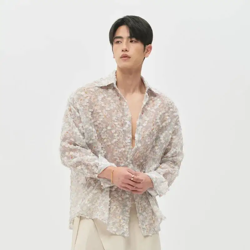 WVGA Summer New Men Handmade Three-Dimensional Floral Semi-Transparent Collared Shirts Niche Chic Casual Elegant Tops Ins W25628