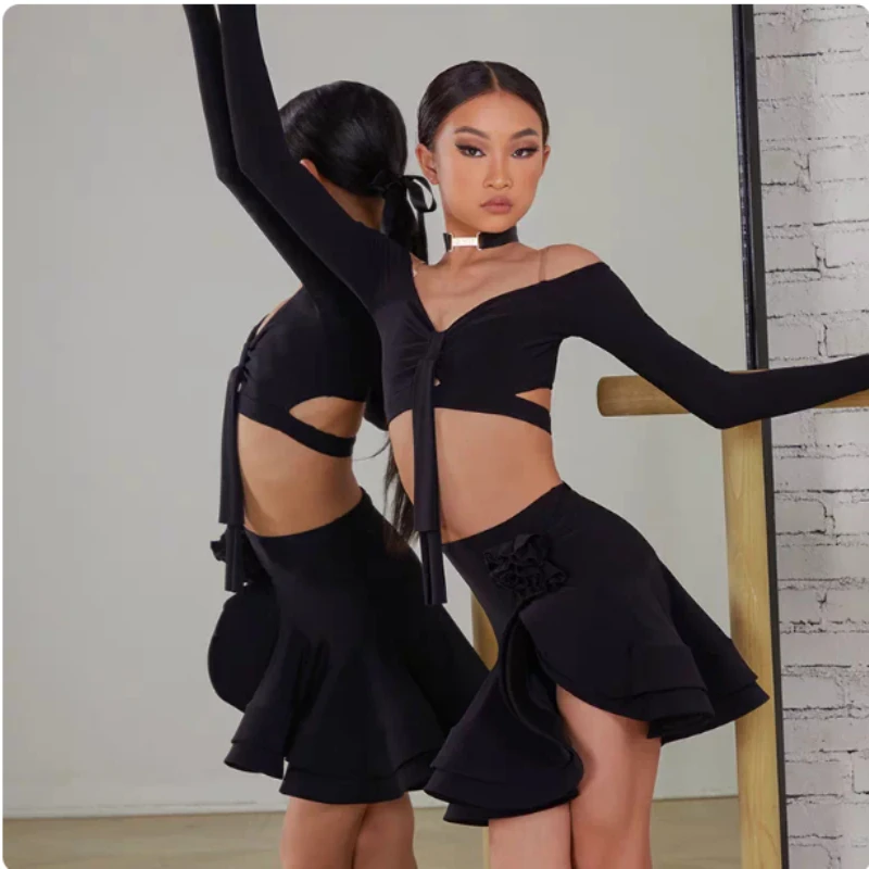 Conjunto de roupas para dança latina, saia curta de manga comprida para meninas, vestido para competição de performance de cha cha samba, vestido preto borgonha para crianças