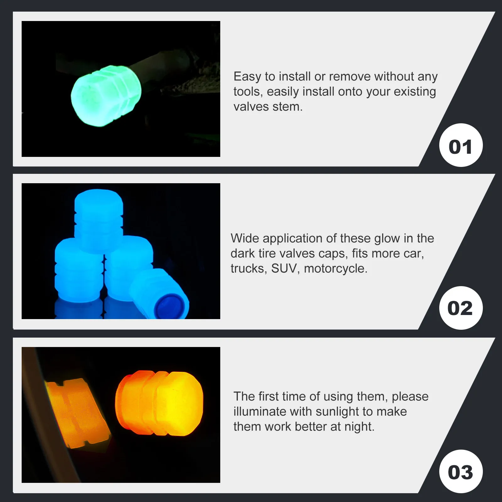 24Pcs Fluorescent Car Tire Valve Caps Glow in The Dark Universal Valves Stem Covers for Car Bike Motorcycle Tyre Caps view 6