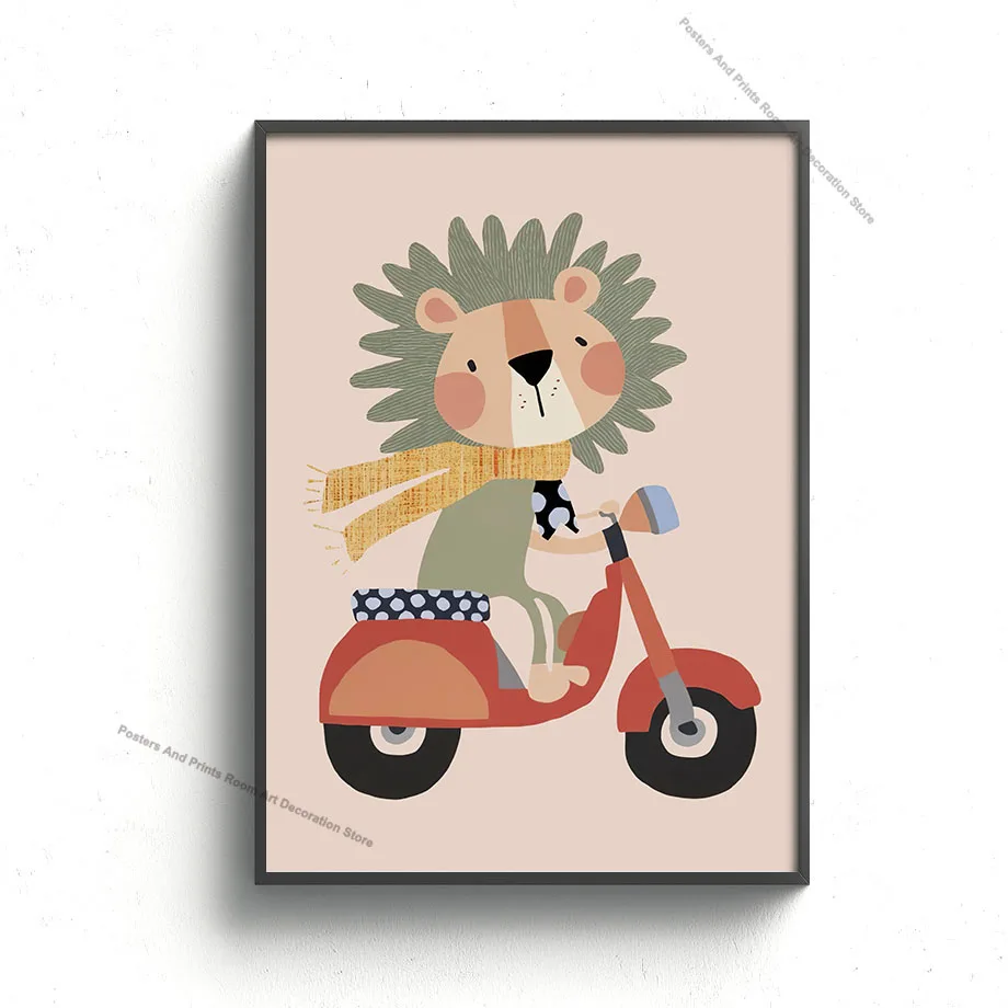 Funny Animal Poster Lion Giraffe Dog Scooter Car Wall Art Canvas Prints Nursery Posters Boys Kids Room Bedroom Home Decor Gifts
