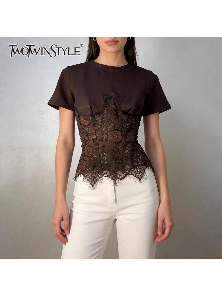 

TWOTWINSTYLE Elegant Slimming Sheer Spliced Lace T Shirts for Women Round Neck Short Sleeves Patchwork Bodycone T Shirt Female