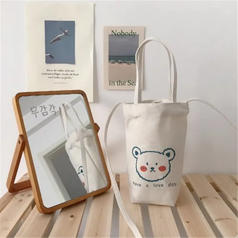 Print Canvas Water Bottle Bag with Detachable Crossbody Bag Strap, Mini Tote Pouch for Tumblers, Coffee Cups Daily Errands - view 2