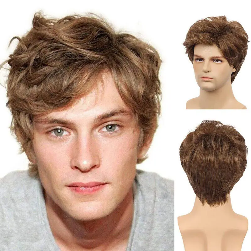 

Fashion Men's Short Hair Slightly Warped Brown Wig Fluff Bangs Synthetic Wigs