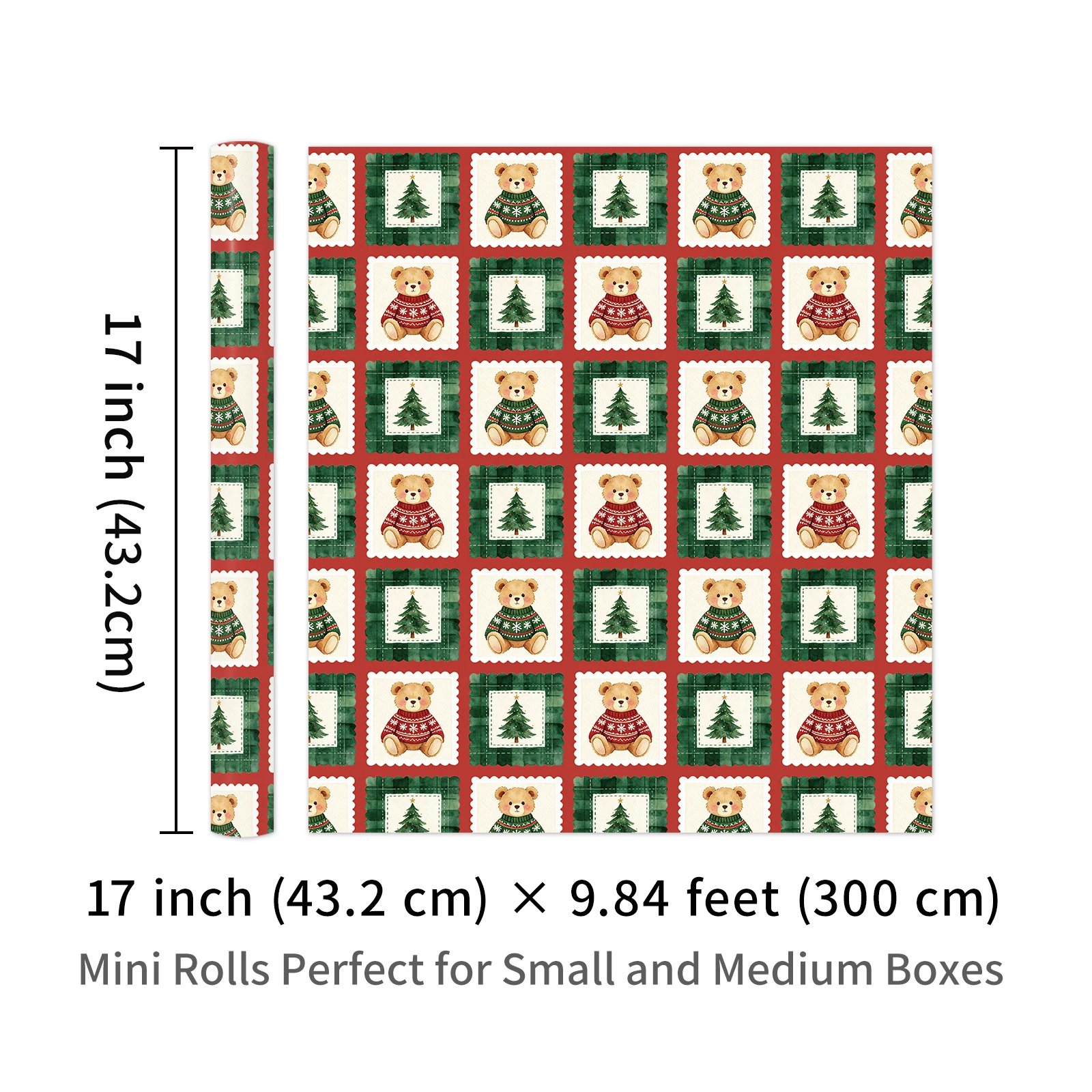 1 Roll of Red-Backed Stamp-Style Christmas Wrapping Paper, Sweater, Teddy Bear, and Christmas Tree Designs, Warm Holiday Gift DIY Decorative Paper, 43.2cm X 300cm (17inch X 9.84 Feet)