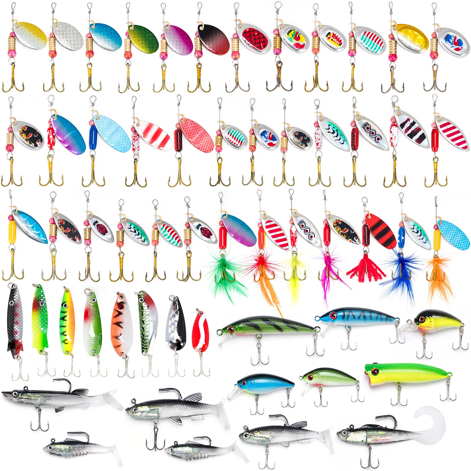 

60pcs Fishing Lure Kit Spinner Spoon Soft Plastic Lure Swimbait Saltwater Trolling Crankbait Wobbler Minnow Popper Bass Trout