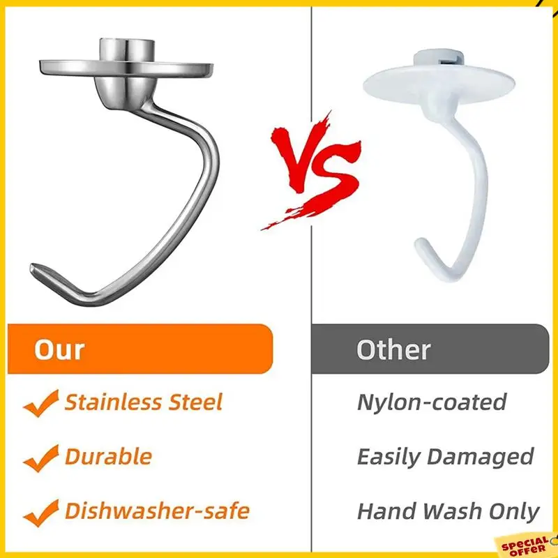 Accesorio de gancho para masa de acero inoxidable A24P 2X para batidora de pie con cabezal inclinable Kitchenaid de 4,5-5 cuartos, piezas de repuesto, ganchos para pan