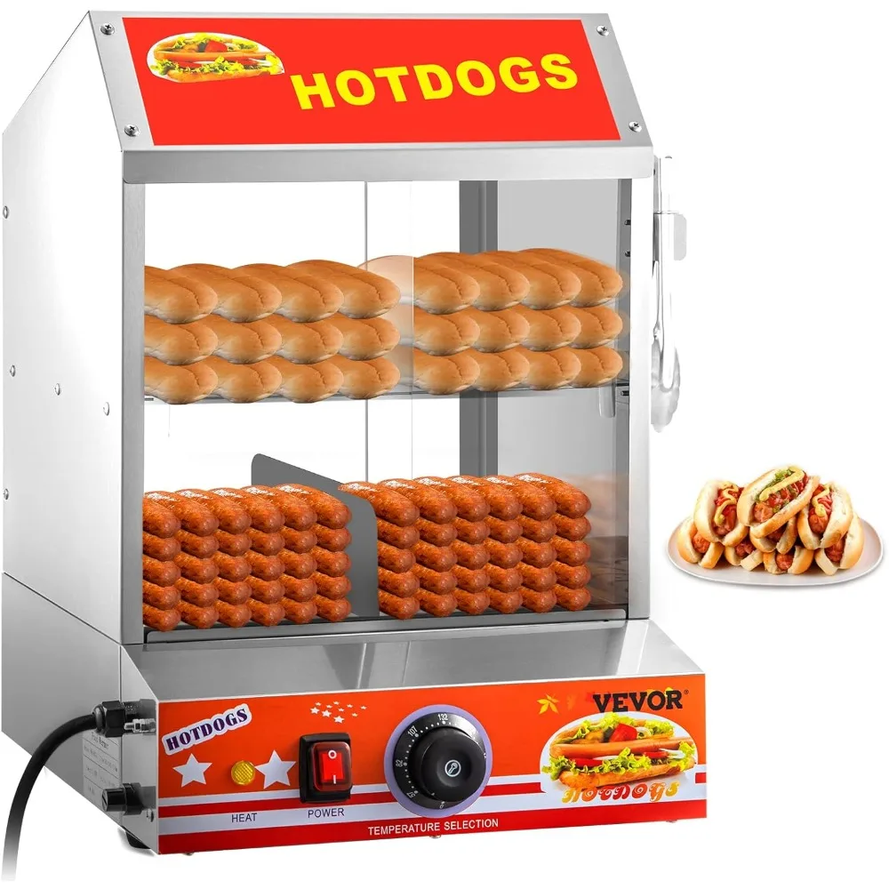 Hot Dog Steamer, 27L/28.54Qt, 2-Tier Hut Steamer for 175 Hot Dogs & 40 Buns, Electric Bun Warmer Cooker with Tempered Glass