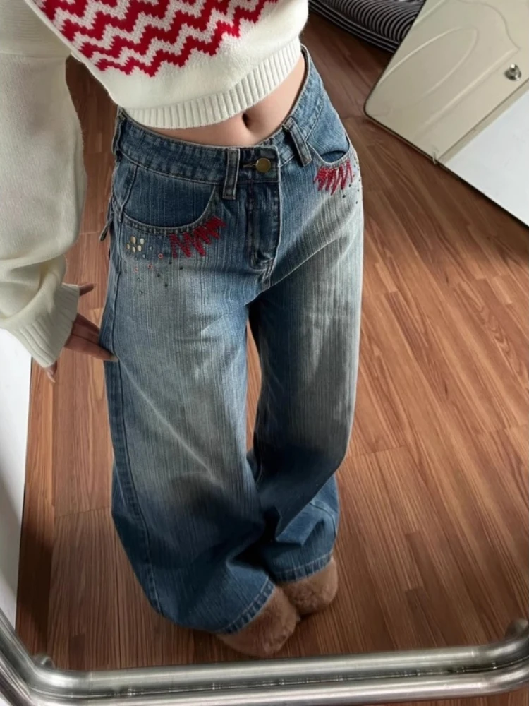 Streetwear Casual Y2K Red Embroidered Studded Jeans Low Rise Wide Leg Trousers Women Wash Distressed Denim Fashion Popular Pants