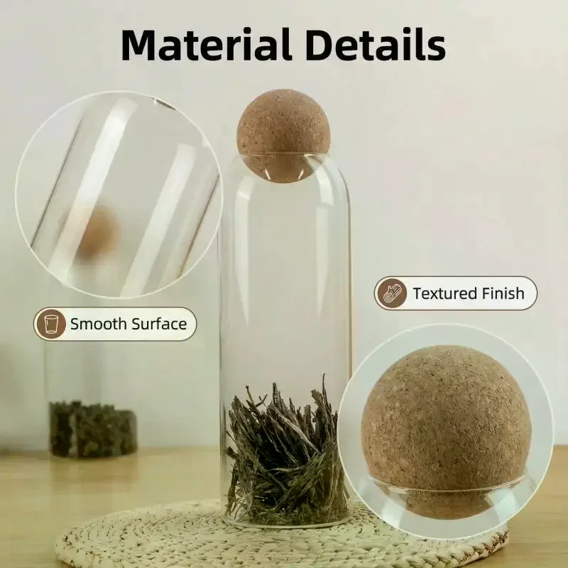 Four Differently Sized Glass Jars with Cork Stoppers for Storing Coffee Beans Dried Fruit